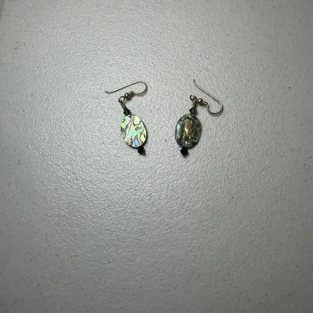 Iridescent Abaline Shell Oval Dangle Earrings Polished Silver Tone Hook Wire
